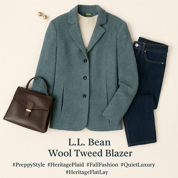 L.L. Bean Wool Tweed Blazer Size 6 Petite Gray Blue Heritage Plaid Jacket Preppy - Picture 1 of 14